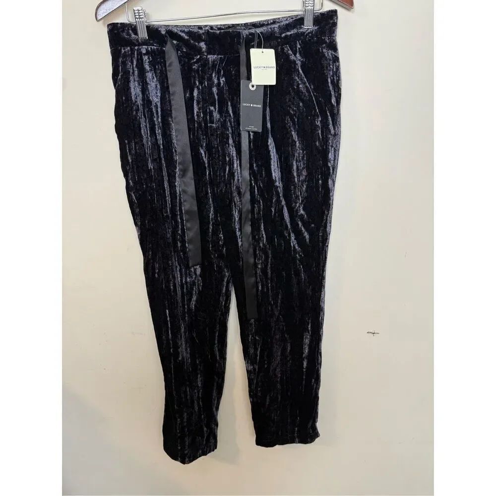 LUCKY BRAND Dark Purple Crushed Velvet Floral Print Waist Tie Cropped Pants  NWT